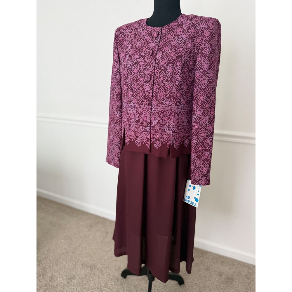 Vintage Leslie Fay retro skirt Suit Set Floral burgundy Career Women's size M